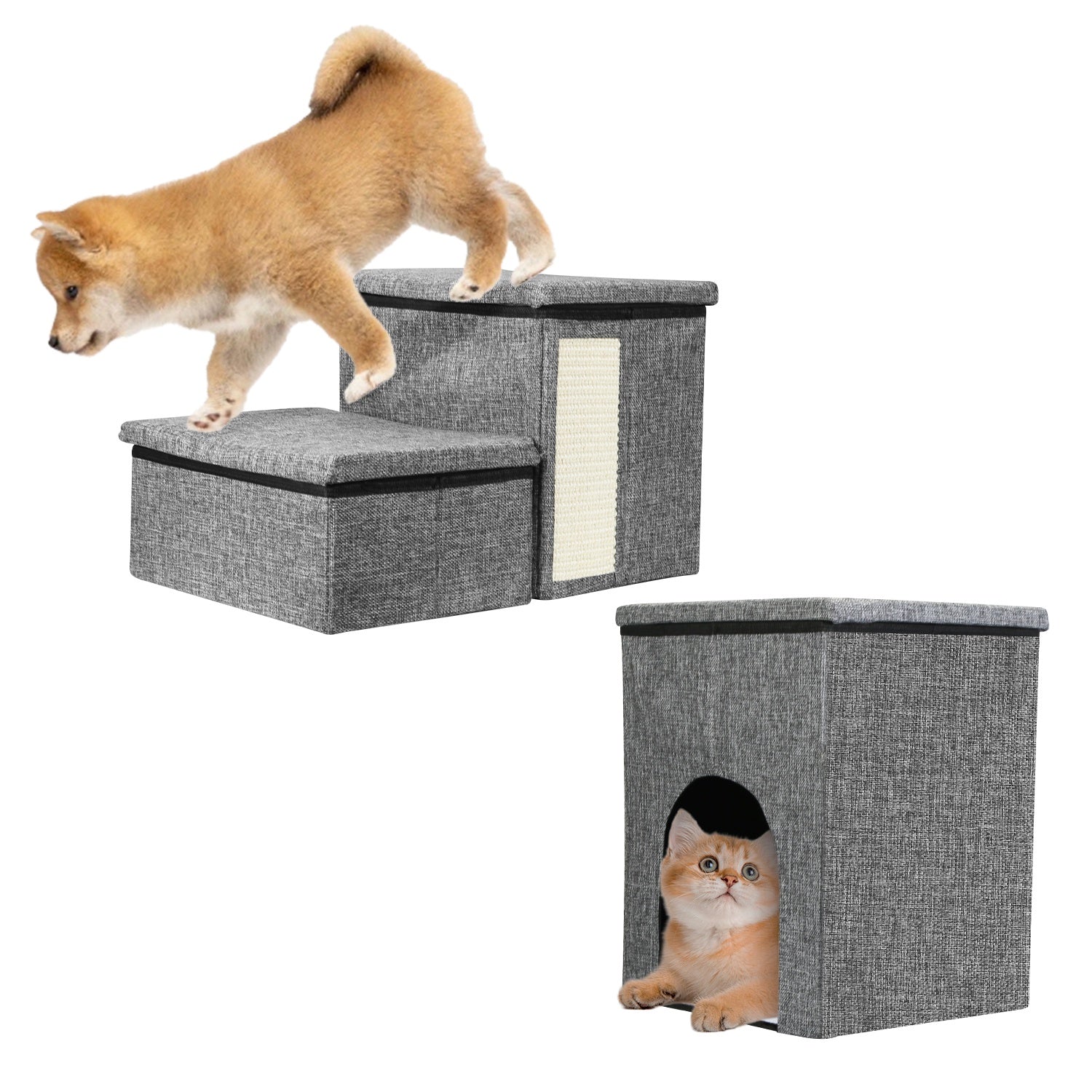 3 Step Pet Stair 4-IN-1 Foldable Dog Ramp Non-Slip Cat Storage Ladder with Scratcher Storage and Pet House for Old Pet Small/Medium Dog/Cat 165LBS Max