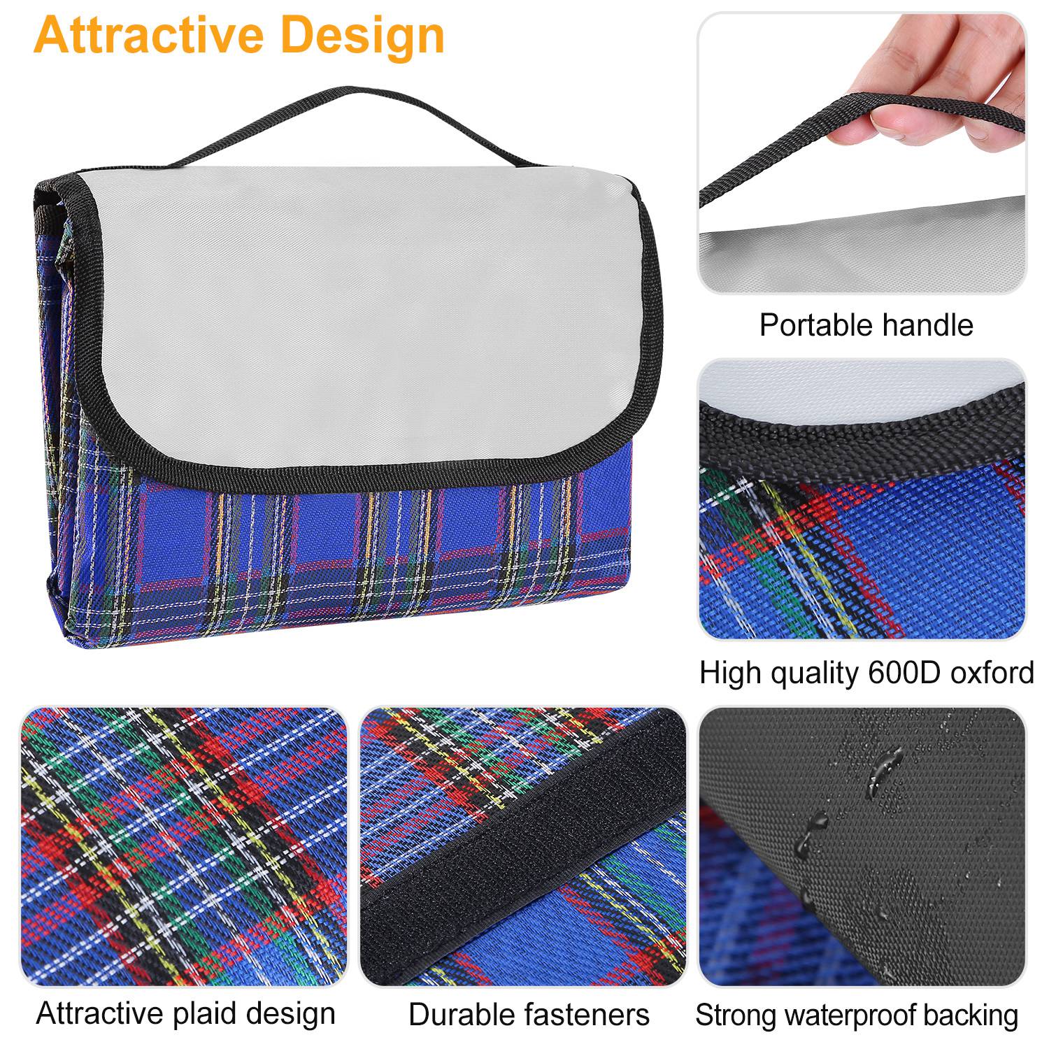 60" x 78" Waterproof Picnic Blanket Handy Mat with Strap Foldable Camping Rug for Camping Hiking Grass Travelling