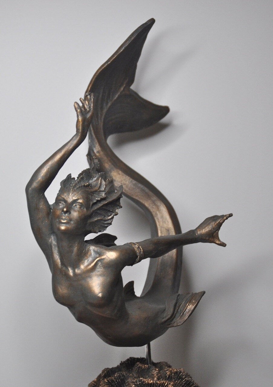 Mermaid Statue, Hand Painted Resin Sculpture, Bronze Finish| Mythical Creature Figurine| Unique Legendary Mermaid Figurine Fantasy Art Decor