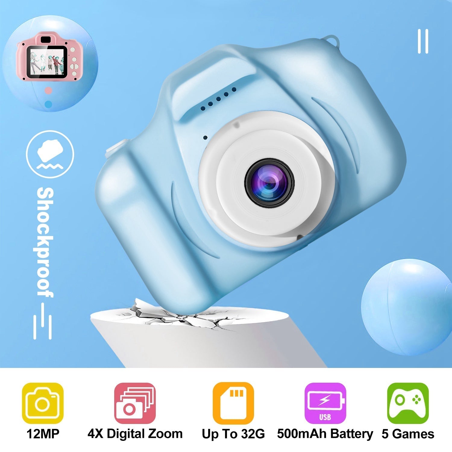 iMounTEK Kids Digital Camera w/ 2.0Ó Screen 12MP 1080P FHD Video Camera 4X Digital Zoom Games 32GB Card Supported Shockproof Child Camcorder for 3-10