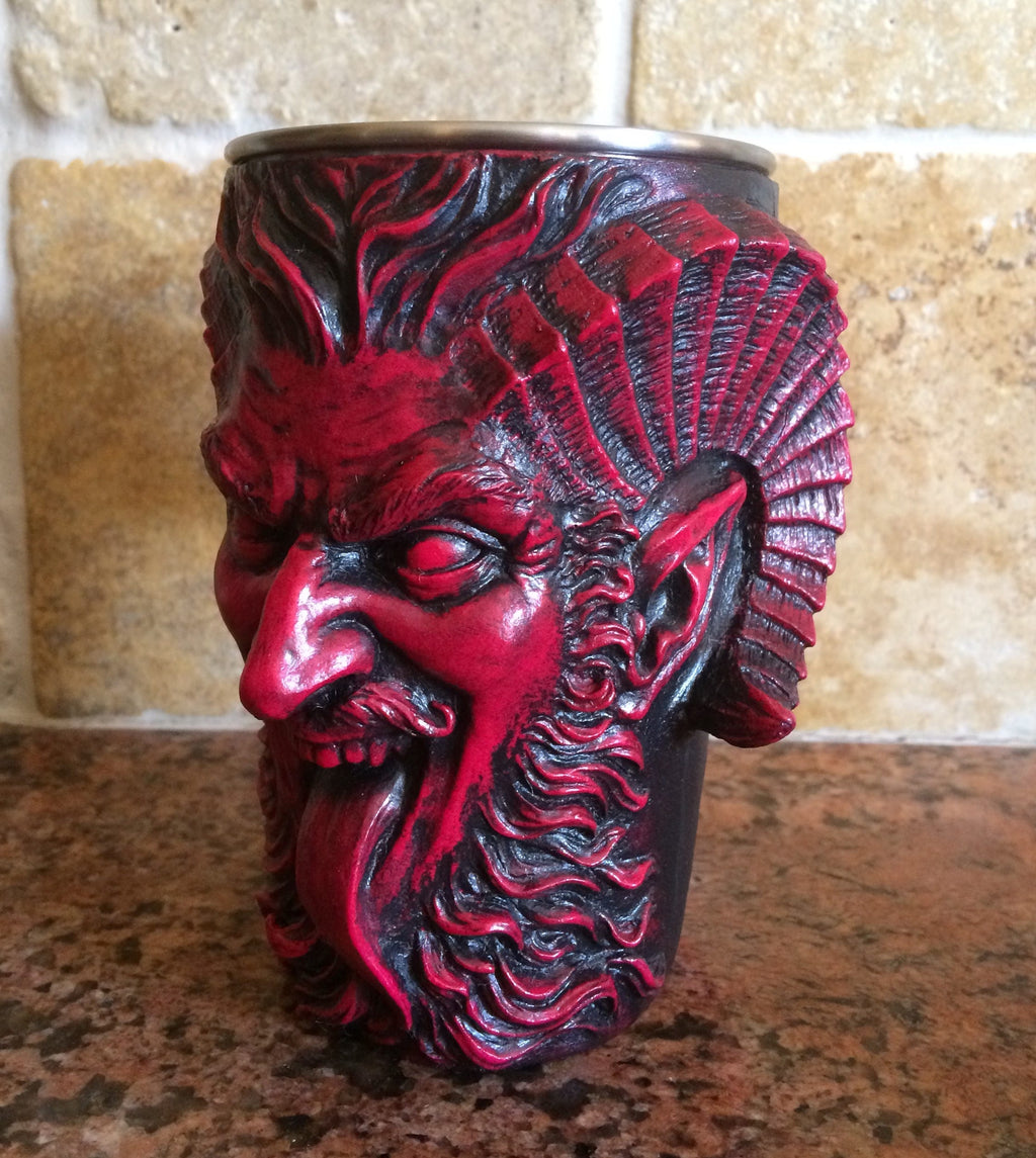 Krampus Mug, Red Finish | Hand Sculpted Resin Art Mug with Steel Liner | Unique Krampus Gift Cup and Gothic Home Decor