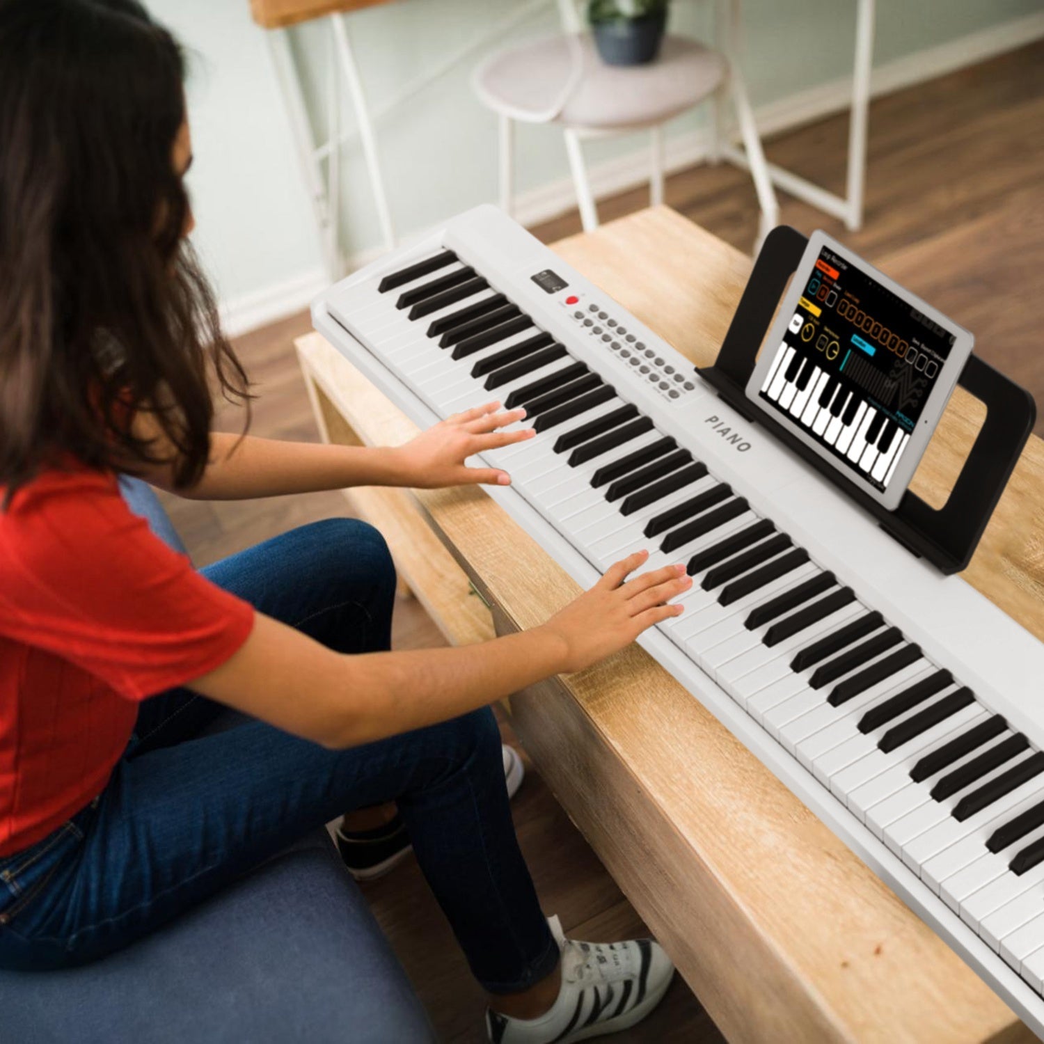 Folding Piano Keyboard 88 Keys Rechargeable Full Size Semi Weighted Piano Digital ElectronicÊPiano with LCD Screen Carry Bag Mic Sheet Music Stand Sti