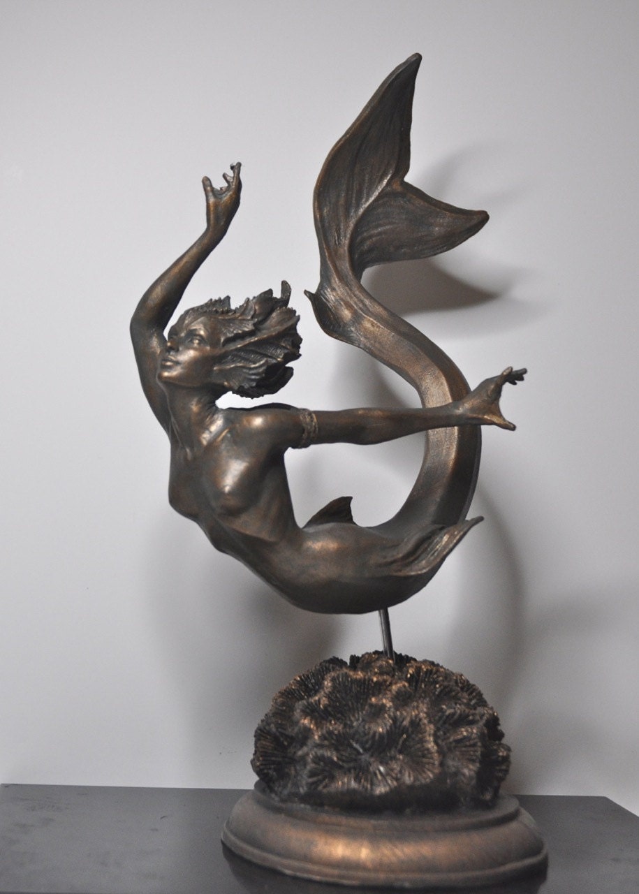 Mermaid Statue, Hand Painted Resin Sculpture, Bronze Finish| Mythical Creature Figurine| Unique Legendary Mermaid Figurine Fantasy Art Decor