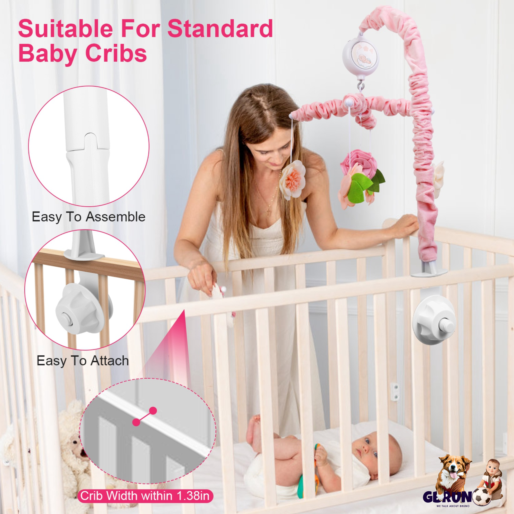 Musical Crib Mobile for Girls Baby Musical Crib Bed Bell Nursery Mobile with 12 Melodies 5 Flower Rattles 3 Modes Volume Adjustment Newborn Gift