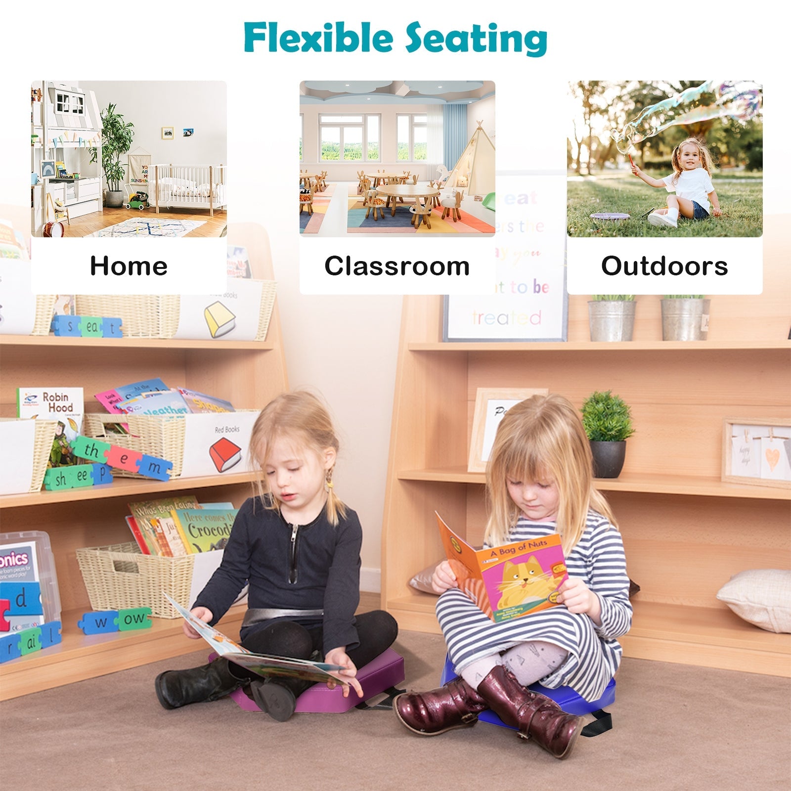 6 Pieces Multifunctional Hexagon Toddler Floor Cushions Classroom Seating with Handles-Multicolor