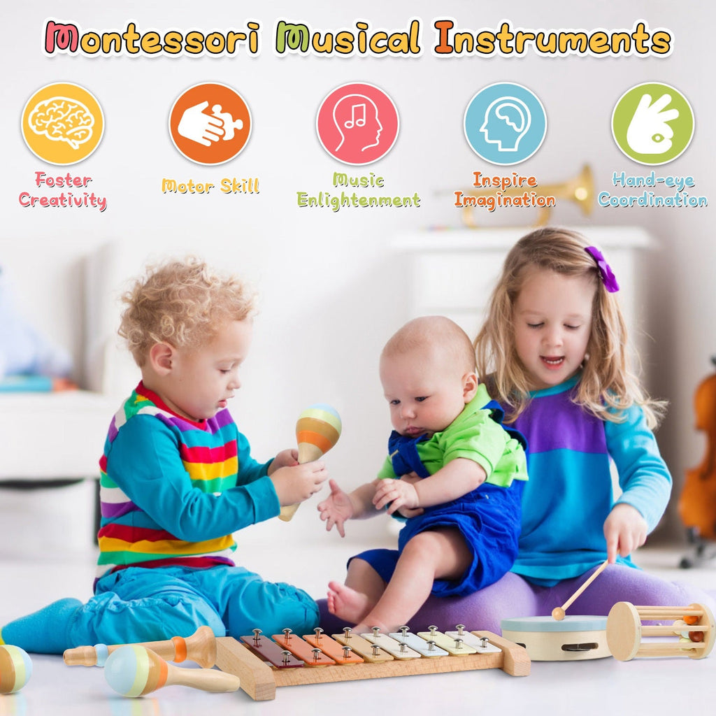 8Pcs Toddler Musical Toys Wooden Montessori Musical Instruments with Xylophone Tambourine Maracas for Boys Girls Aged 3 4 5 Years Old