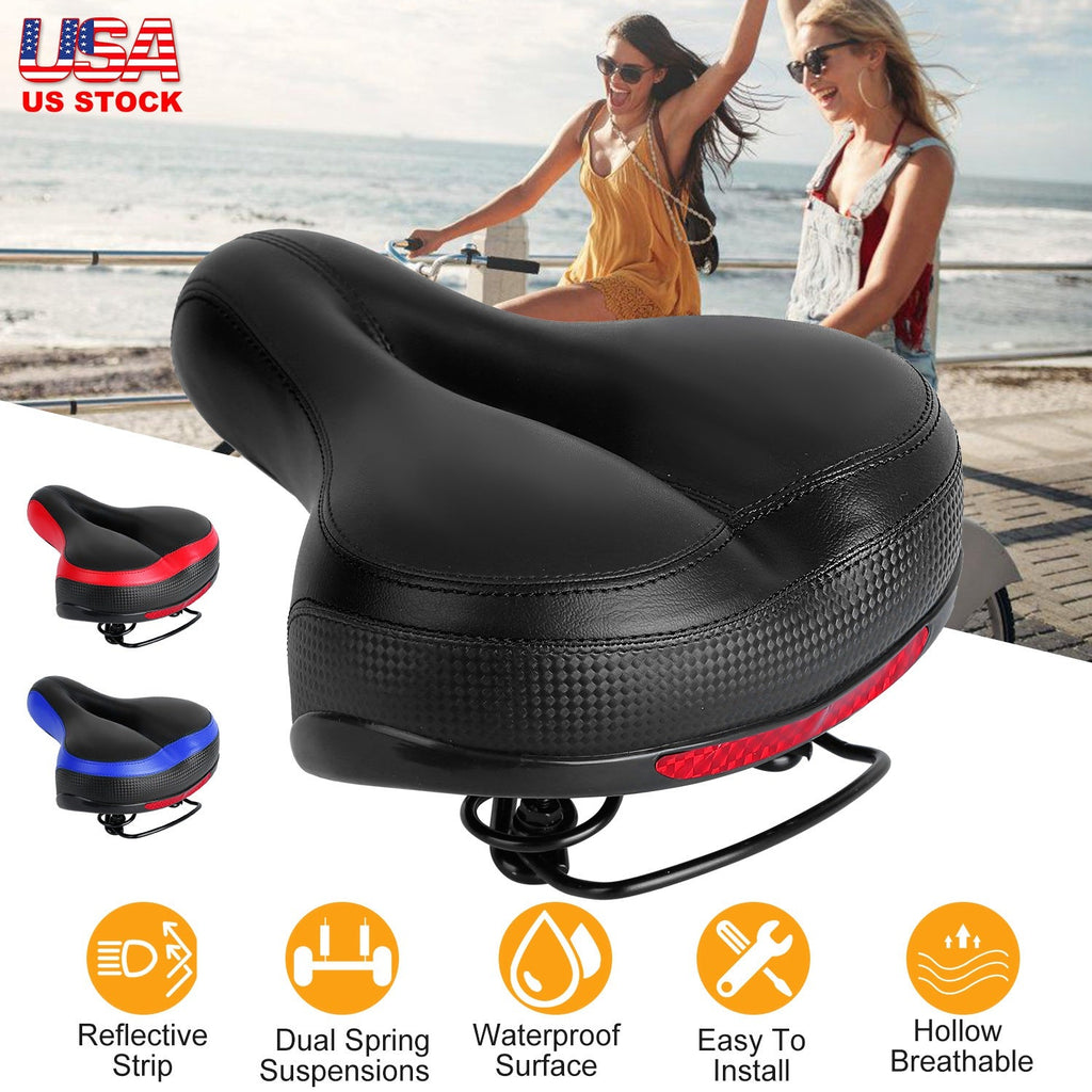 Bike Seat Water-Resistant Comfortable Bicycle Padded Saddle Wear Resistant Hollow Leather  _x000B__x000B_Seat Cushion w/ Dual Springs Reflective Strip for Mountai