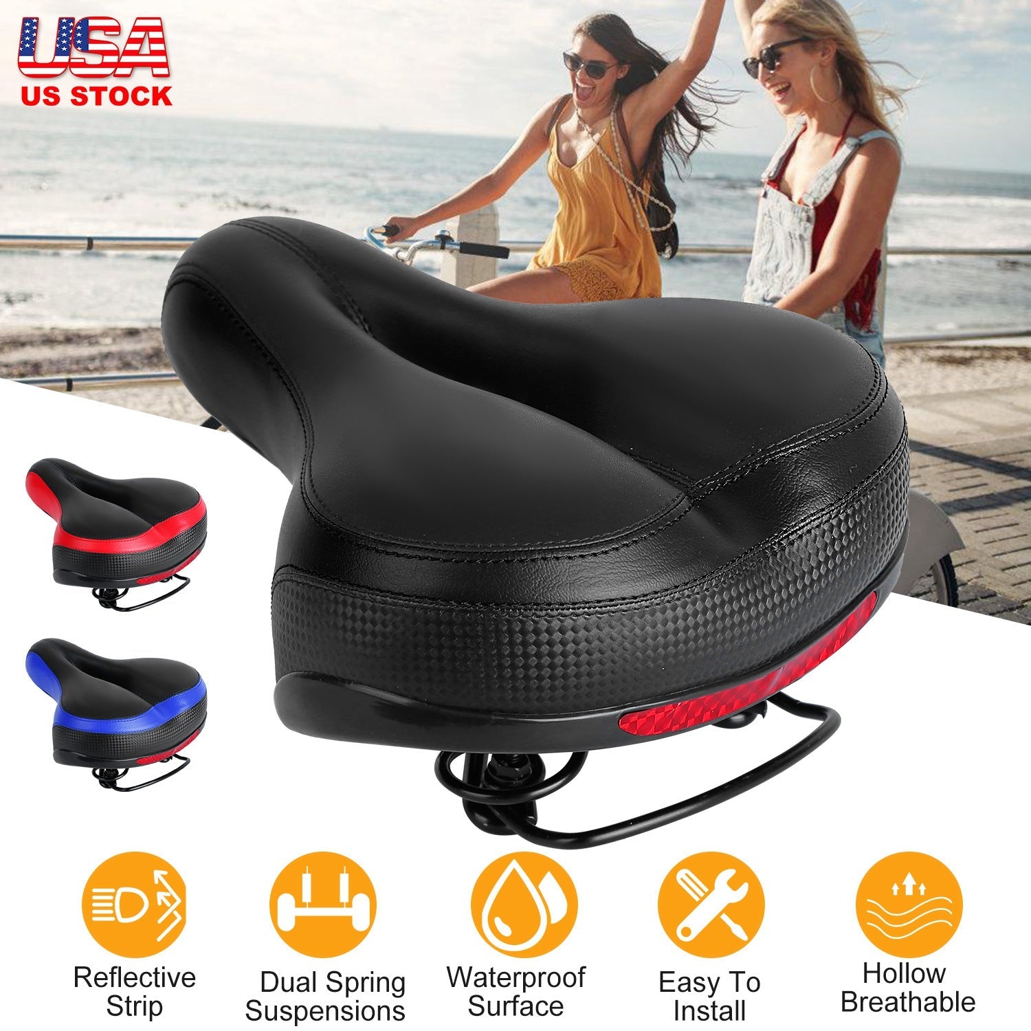Bike Seat Water-Resistant Comfortable Bicycle Padded Saddle Wear Resistant Hollow Leather  _x000B__x000B_Seat Cushion w/ Dual Springs Reflective Strip for Mountai
