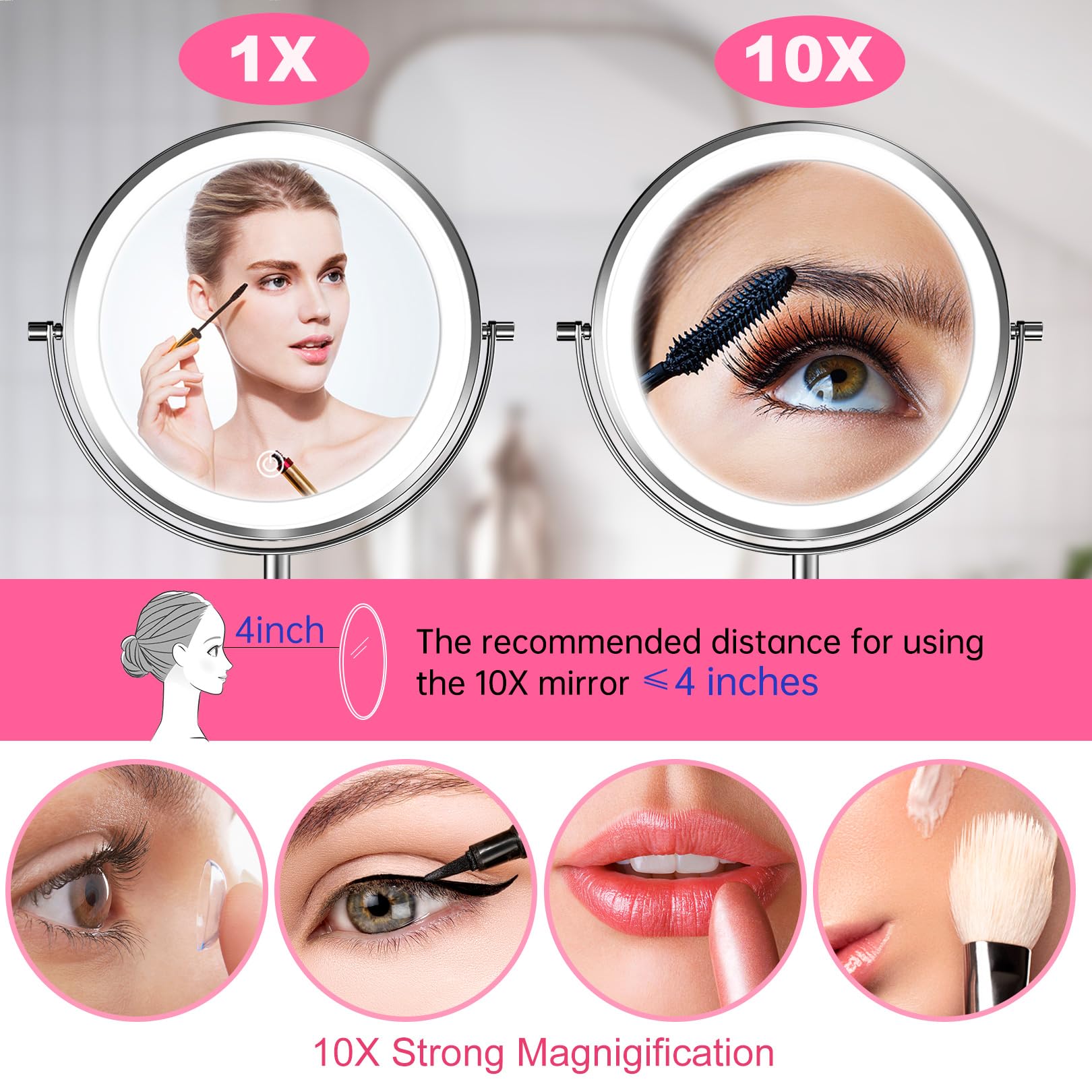 LOVESPEJO Lighted Makeup Mirror with Magnification, 8" 10X, Rechargeable Chrome
