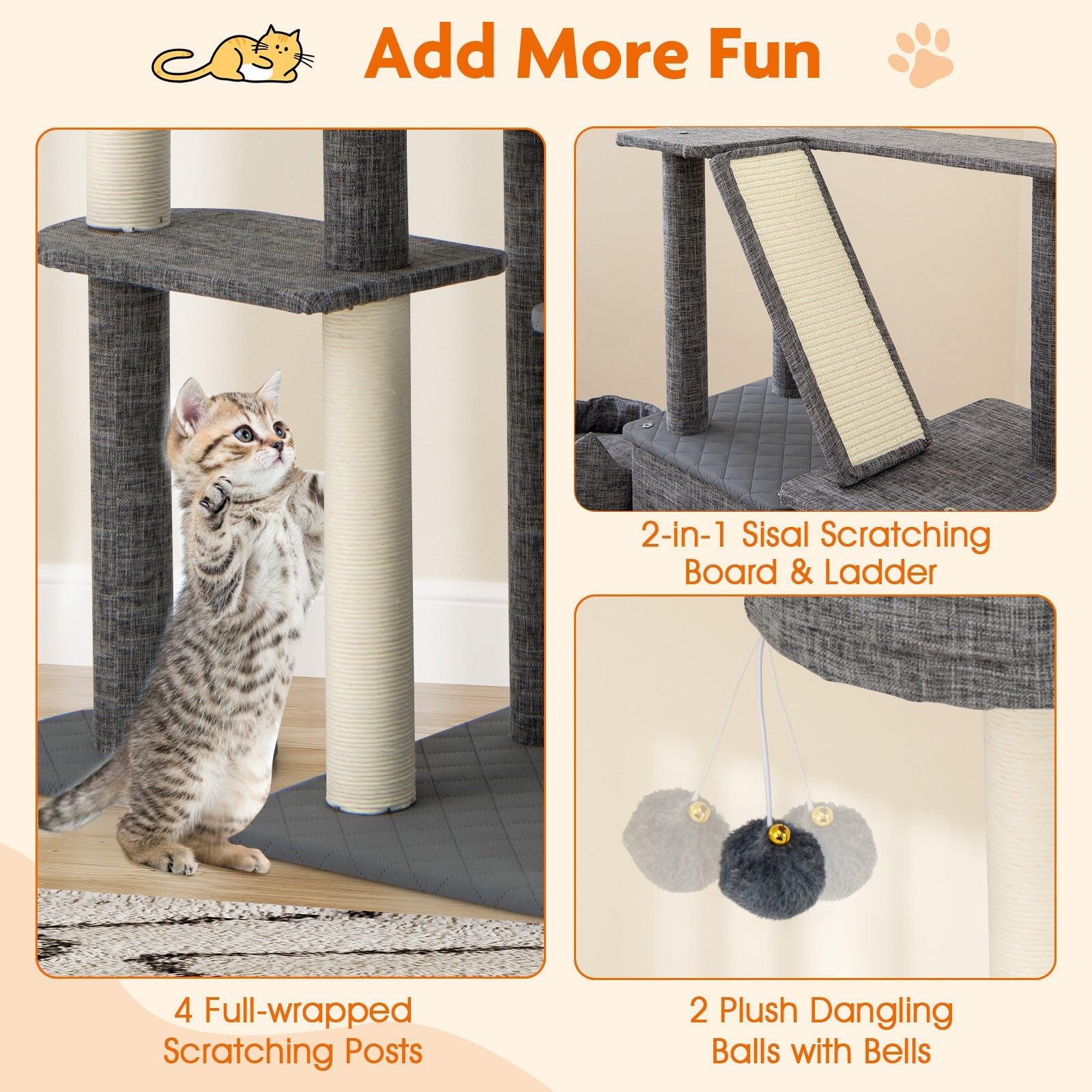 71 Inch Tall Cat Tree Multi-Level Large Cat Tower with Scratching Posts-Grey