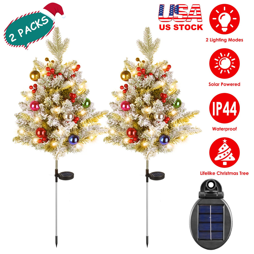 2Pcs Solar Powered Lighted Christmas Tree Urn Filler With Light Artificial Xmas Trees Light with Berries Decor Balls LED Pathway Pine Tree IP44 Waterp