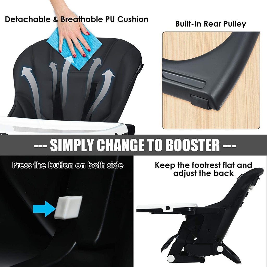 4-in-1 High Chair–Booster Seat with Adjustable Height and Recline-Black