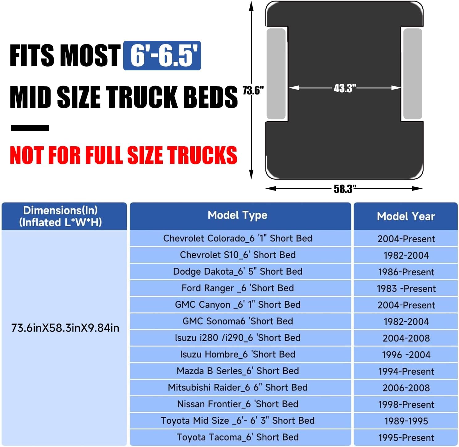 DikaSun 6-6.5ft Mid Size Truck Bed Air Mattress,Grey