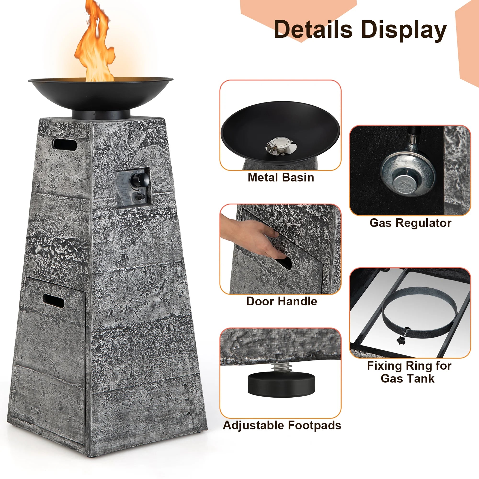 Tall Outdoor Fire Pit 48", Propane Fire Column, 30,000 BTU with Cover