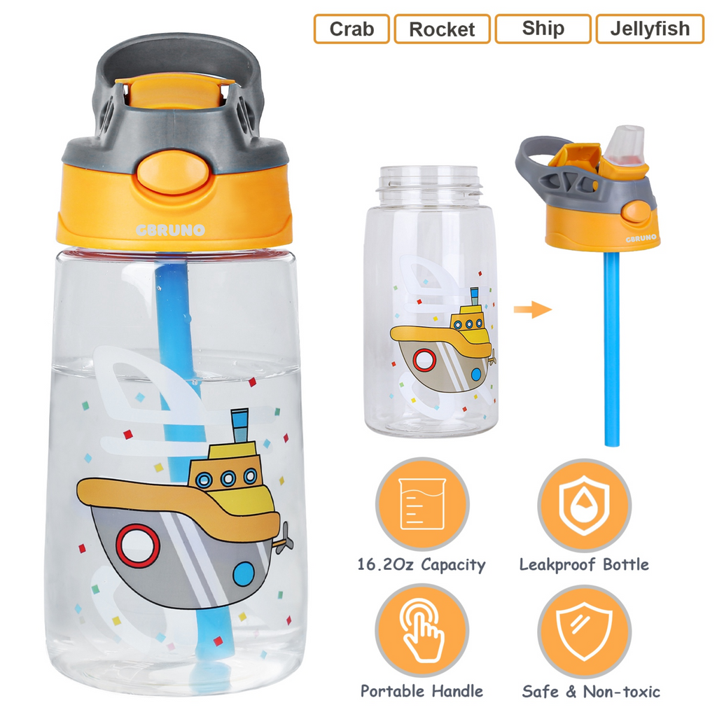 16.2Oz Leak-proof Kids Water Bottle with Straw Push Button Sport Water Bottle for Kids Crab Ship Jellyfish Rocket