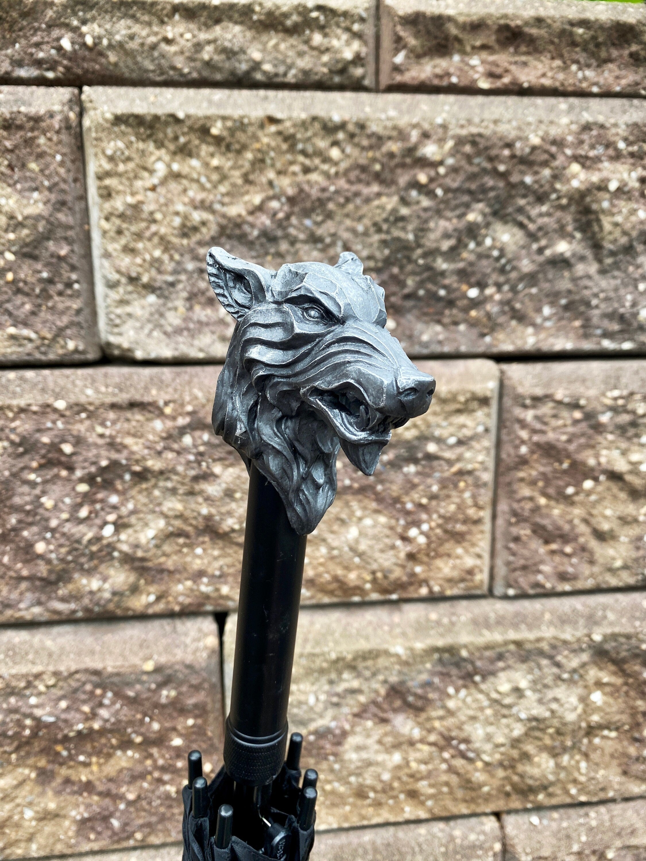 Wolf Head Umbrella, Hand Sculpted Resin | Medieval Gothic Umbrella | Fantasy Cosplay Direwolf Umbrella Cane, Gothic Accessory