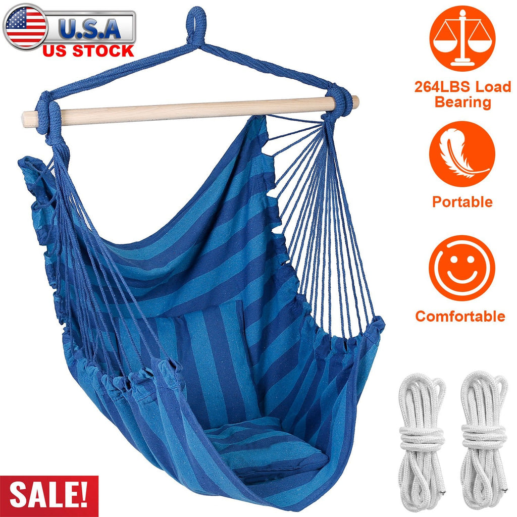 Hammock Hanging Chair Canvas Porch Patio Swing Seat Portable Camping Rope Seat Wooden Stick Hammock Chair with 2 Pillows 265LBS Load-bearing
