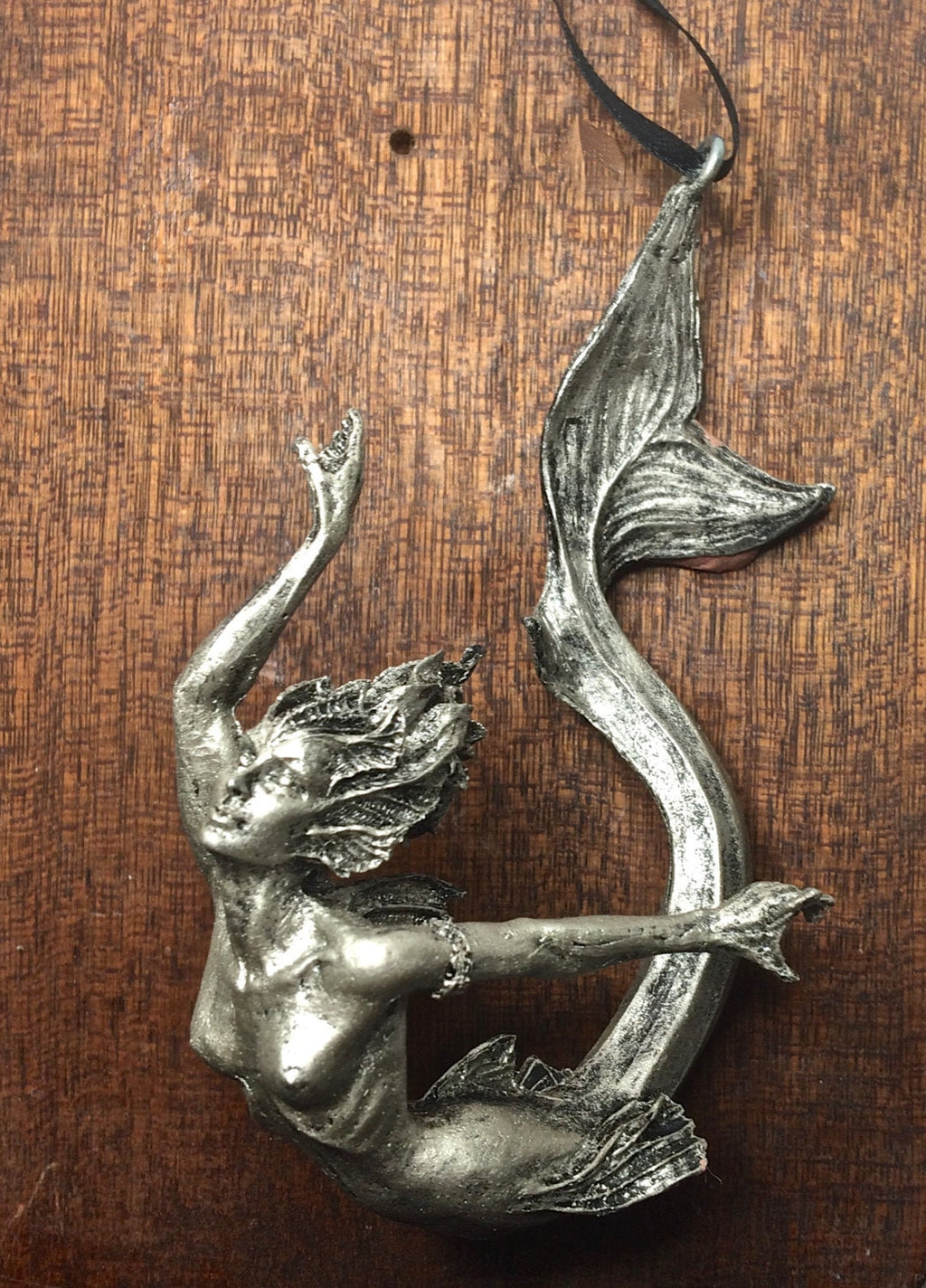 Mermaid Ornament, Hand Painted Resin Sculpture, Pewter Finish| Mythical Creature Figurine|Unique Legendary Mermaid Fantasy Art Holiday Decor
