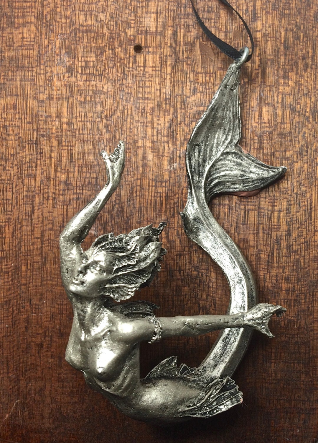 Mermaid Ornament, Hand Painted Resin Sculpture, Pewter Finish| Mythical Creature Figurine|Unique Legendary Mermaid Fantasy Art Holiday Decor
