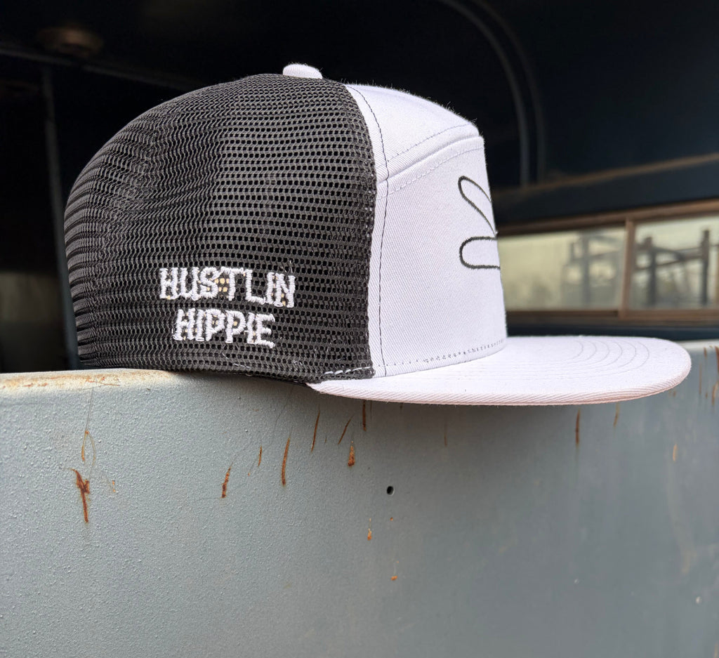 PL Series 7 Panel Mesh Snapback- WHITE/BLACK- BLACK LOGO w/ BOLD style