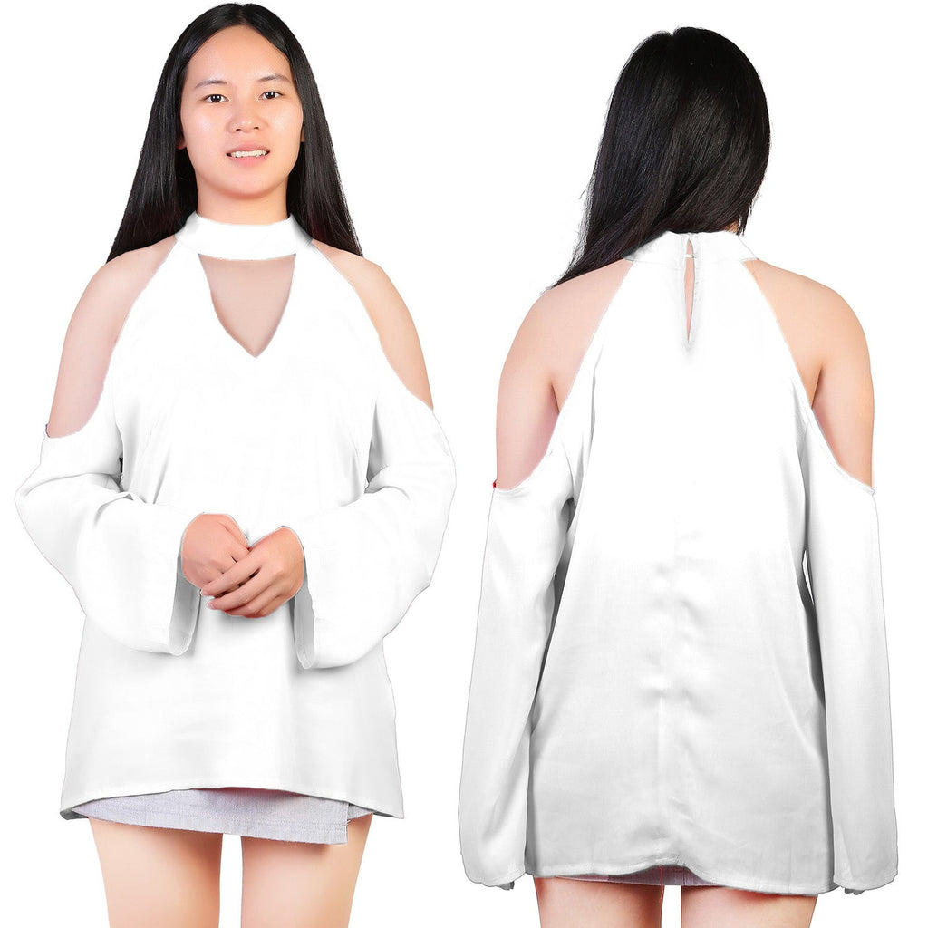Women\'s Sexy Off The Shoulder Blouses Cold Shoulder Tops V-Neck Long Sleeve T-Shirt Solid Color Summer