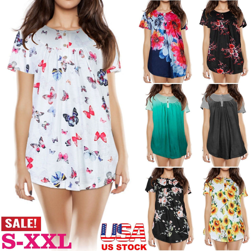 Women Summer Shirts Tops Loose Short Sleeve T Shirts Casual Floral Printed Button Shirts Blouse S-XXL