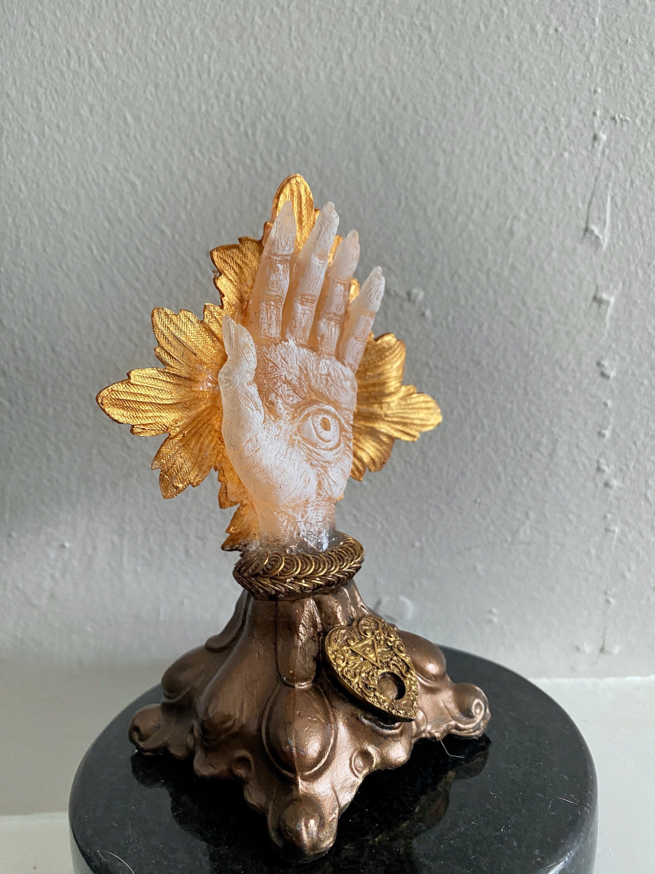 Hand of Protection Relic, Hamsa with LED Tea Light, Hand Painted Resin Sculpture | Medieval Gothic Decor | Occult Hand for Gothic Home Decor