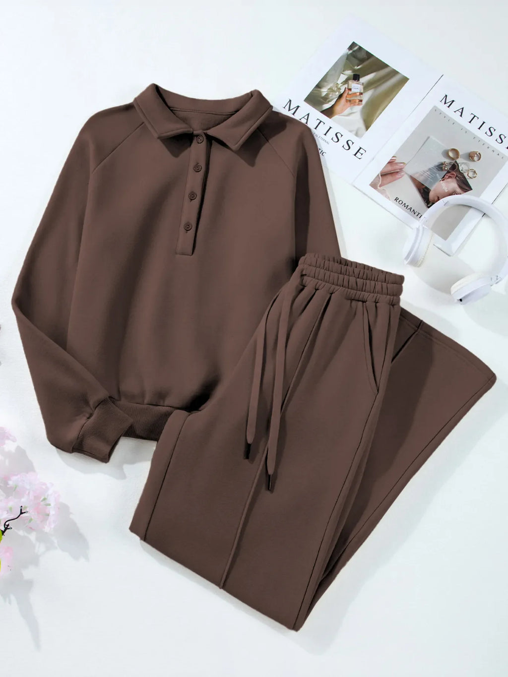 Collared Sweatshirt and High Waist Pants Active Set