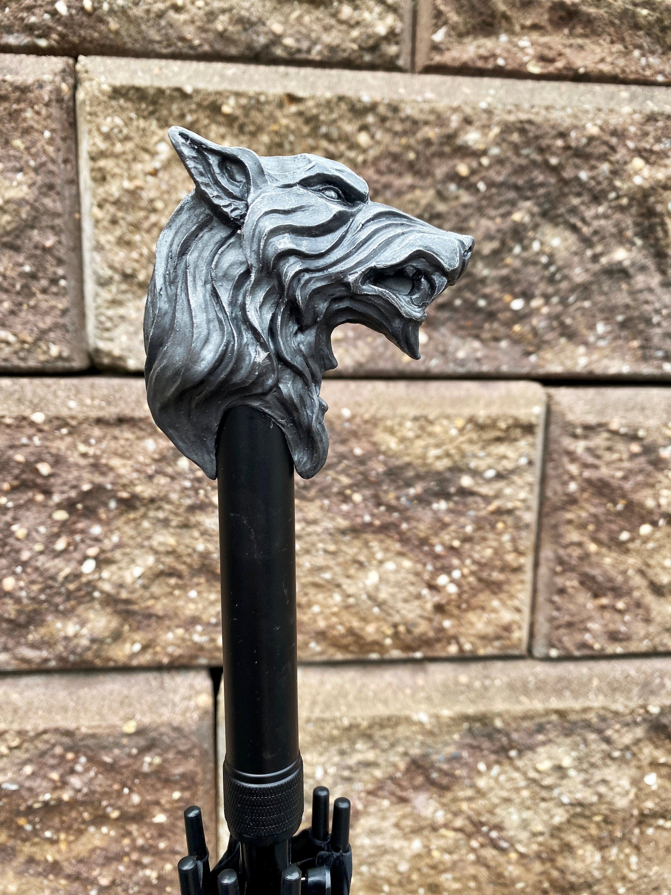 Wolf Head Umbrella, Hand Sculpted Resin | Medieval Gothic Umbrella | Fantasy Cosplay Direwolf Umbrella Cane, Gothic Accessory