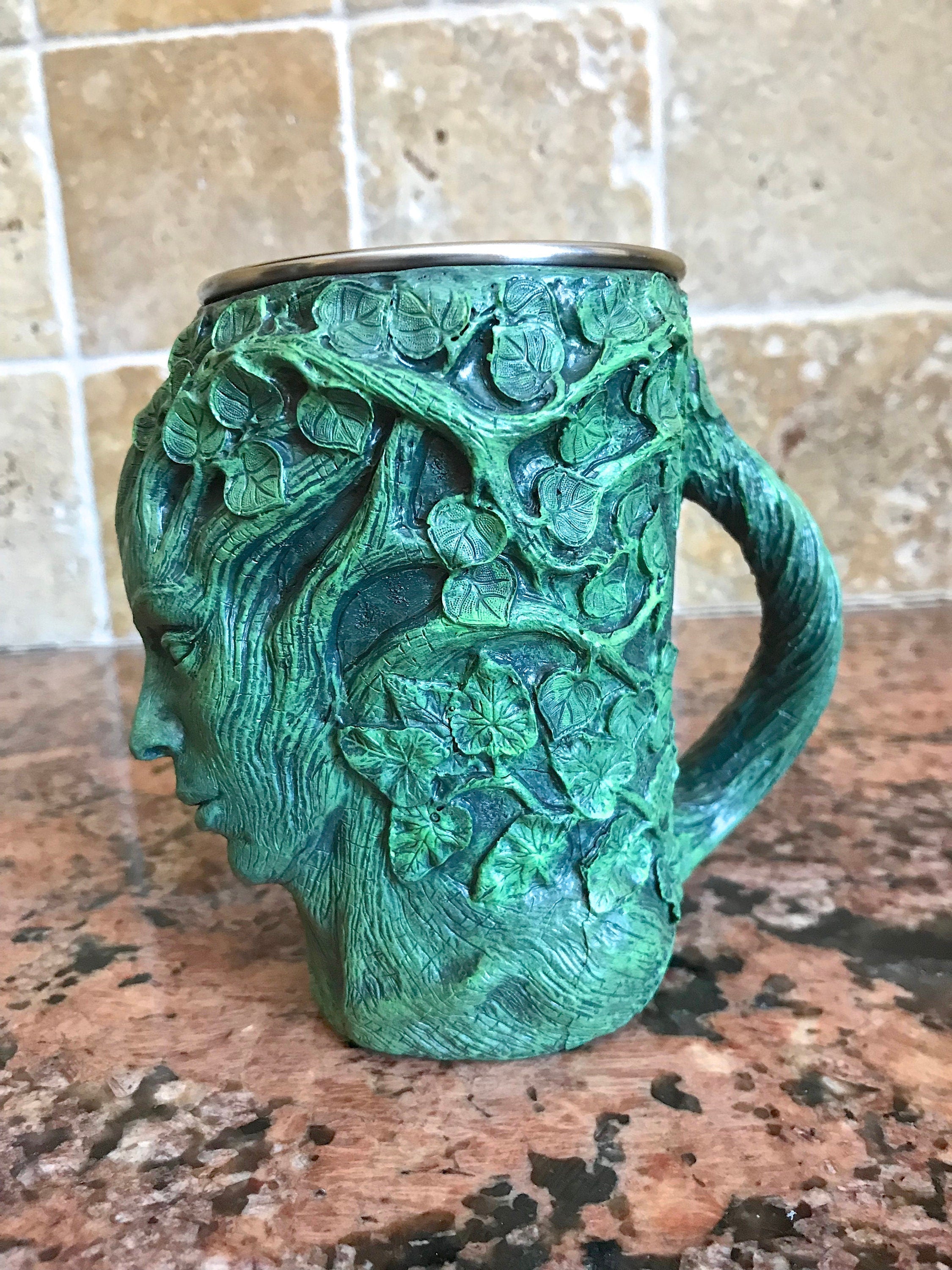 Dryad Mug, Green Hand Sculpted Resin Art Mug with Stainless Steel Liner| Fantasy Tree Spirit Mug, Witchy Cup Gift and Gothic Home Decor