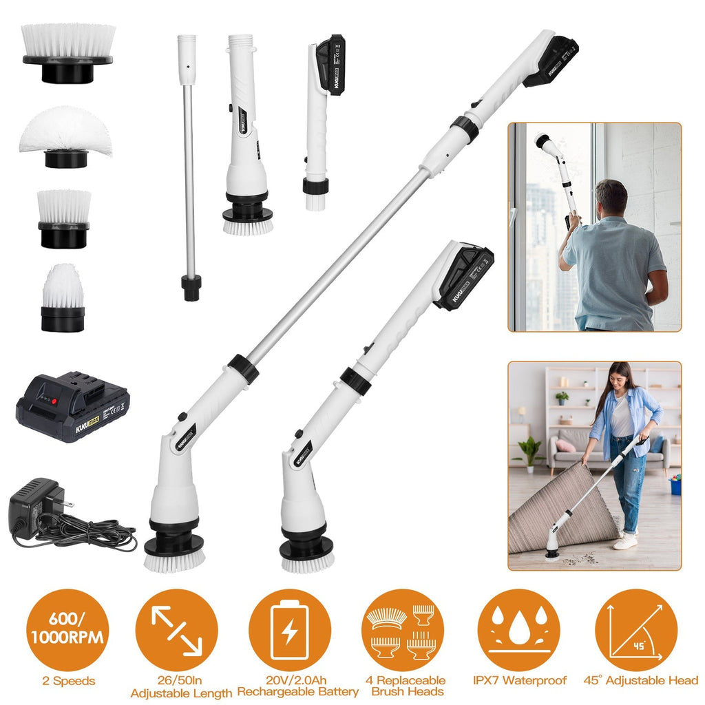 Electric Spin Scrubber Cordless Handheld Rechargeable Cleaning Brush with 4 Replaceable Heads 600/1000RPM Speeds 26/50in Length 20V/2.0Ah Battery for