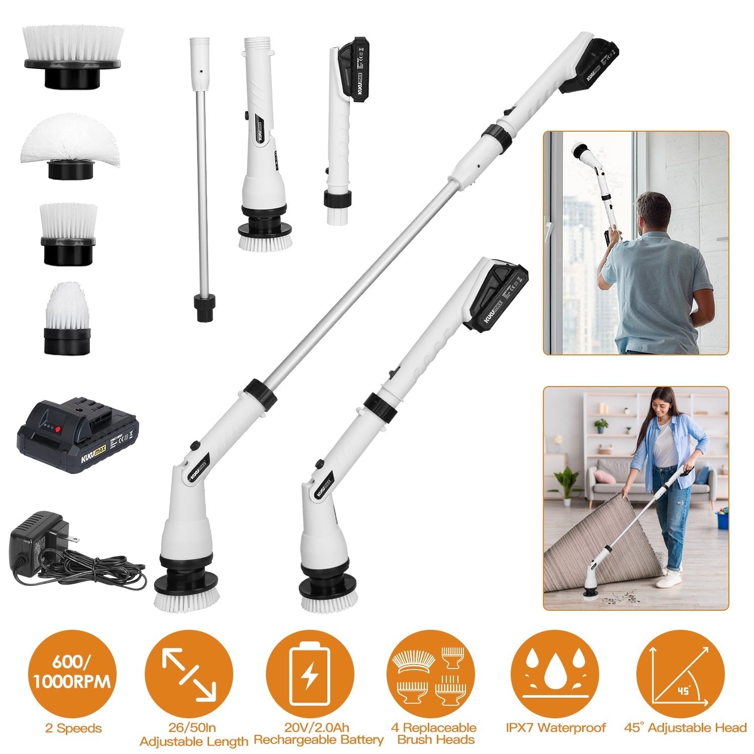 Electric Spin Scrubber Cordless Handheld Rechargeable Cleaning Brush with 4 Replaceable Heads 600/1000RPM Speeds 26/50in Length 20V/2.0Ah Battery for