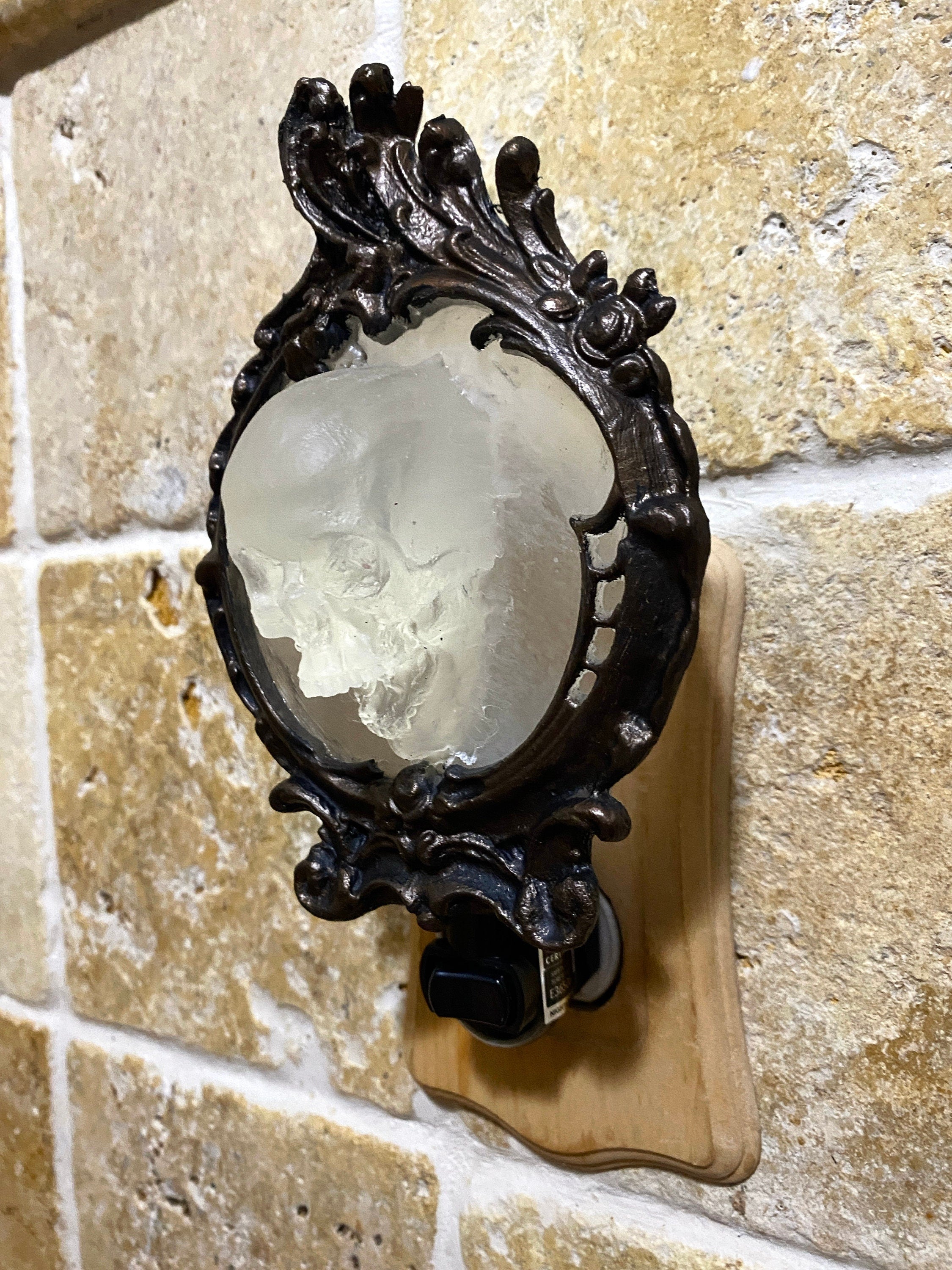 Spectral Skull Nightlight, Hand Painted Resin Sculpture | Victorian Gothic Night Light |  Ghost Skull Lighting for Gothic Fantasy Home Decor