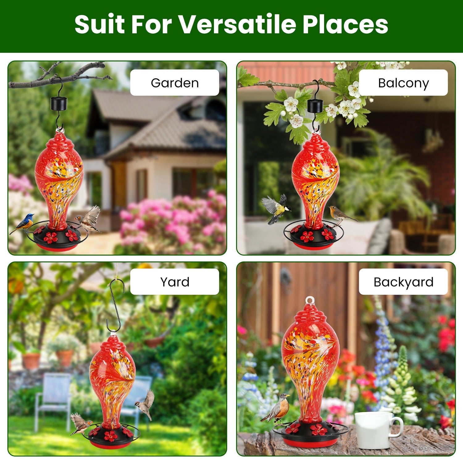 Glass Hummingbird Feeder 33OZ Hand Blown Hummingbird Feeder with 5 Flower Feeding Port Perch Ant Moat Hanging Hook S Hook Hemp Rope Cleaning Brush for