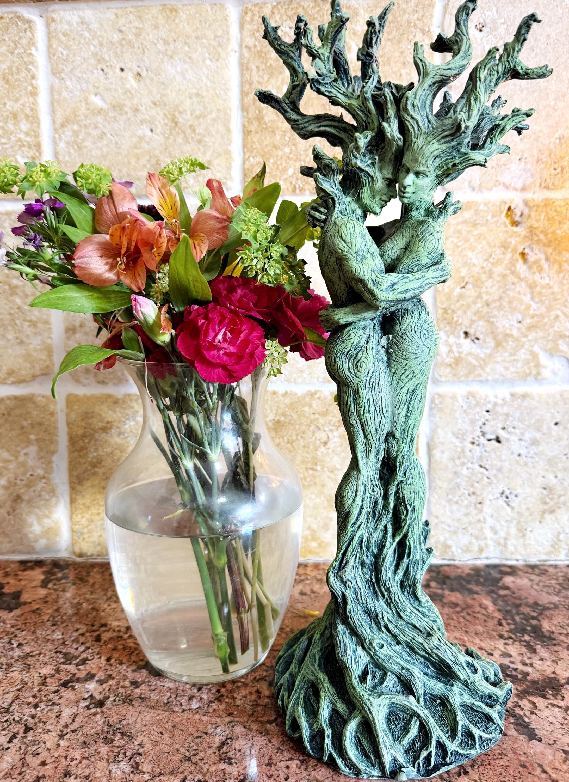 Amor Silvanus: Embracing Dryads Statue, Green Version | Mythical Forest Creature Figurine | Woodland Tree Spirit Couple, Fantasy Art Decor