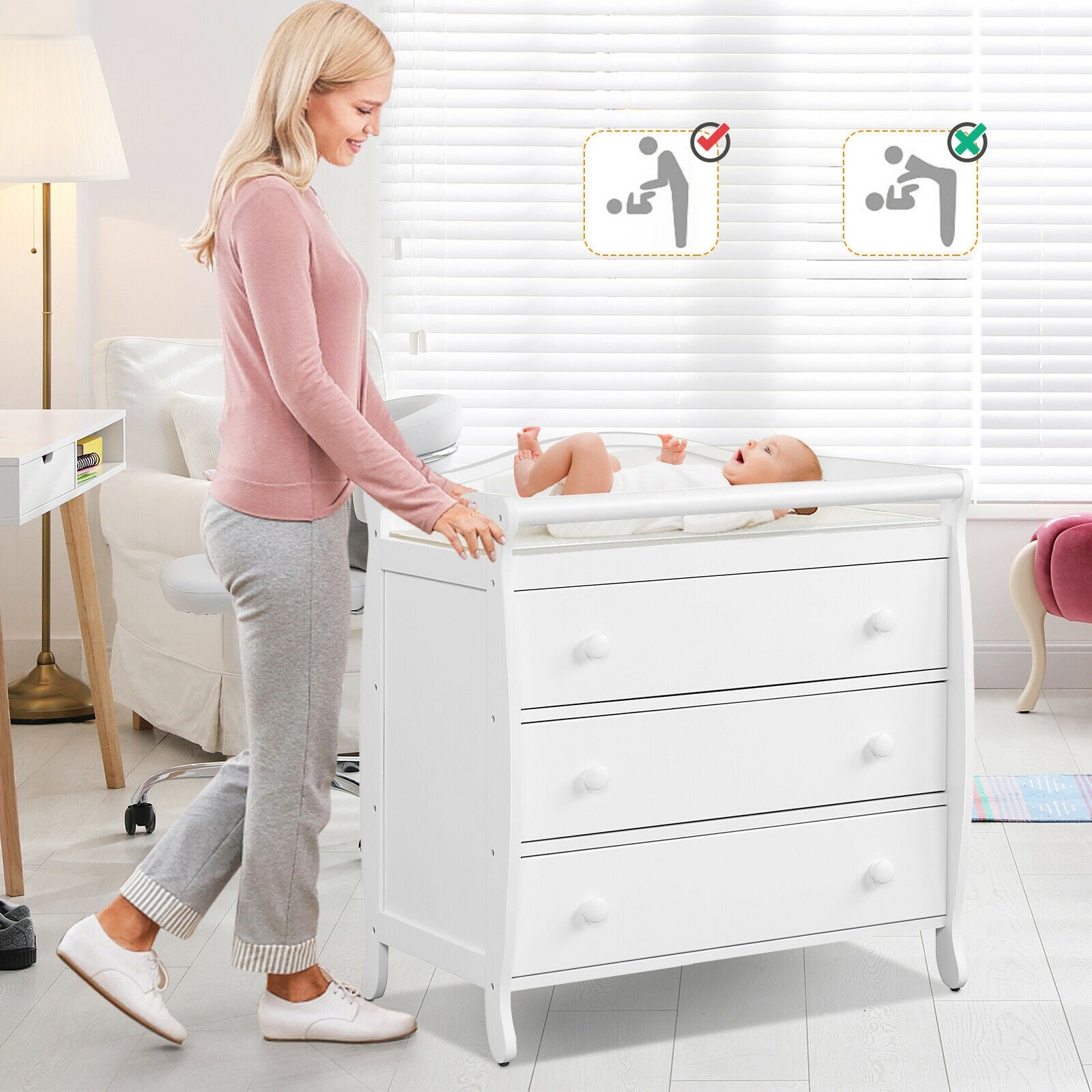 Baby Changing Table Infant Diaper with 3 Drawers and Safety Belt-White