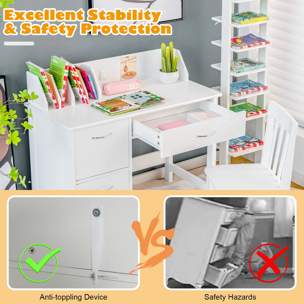 Kids Wooden Writing Furniture Set with Drawer and Storage Cabinet-White