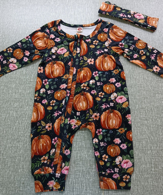 Baby Girls Footies Floral Print Ruffles Single Breasted Playsuit Headband Clothes Outfits For Girls with Bow Floral Printed