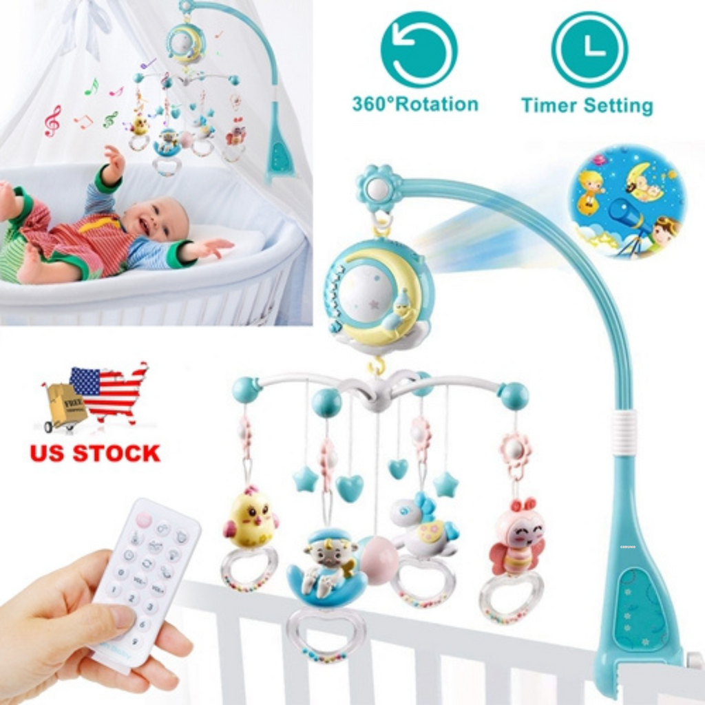 Baby Musical Crib Bed Bell Rotating Mobile Star Projection Nursery Light Baby Rattle Toy w/ Music Box Remote Control