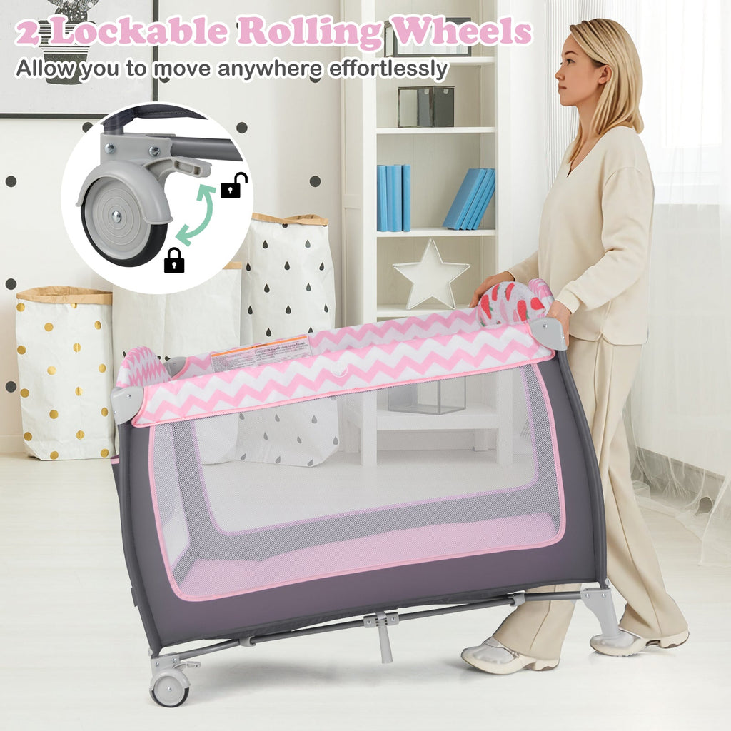 3-in-1 Portable Baby Playard with Zippered Door and Toy Bar-Pink