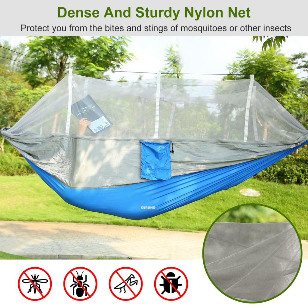 600lbs Load 2 Persons Hammock w/Mosquito Net Outdoor Hiking Camping Hommock Portable Nylon Swing Hanging Bed w/ Strap Hook Carry Bag