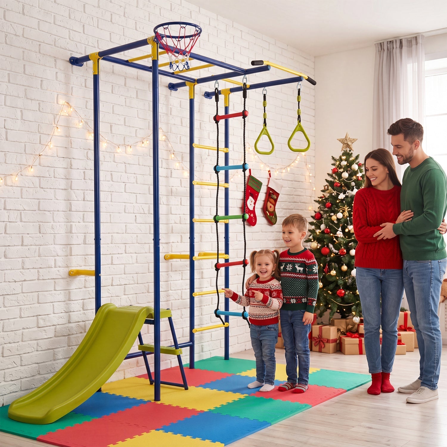 7-in-1 Indoor Jungle Gym for Toddlers with Slide & Rings