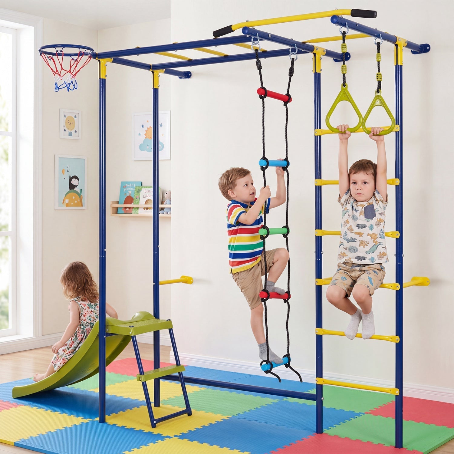 7-in-1 Indoor Jungle Gym for Toddlers with Slide & Rings