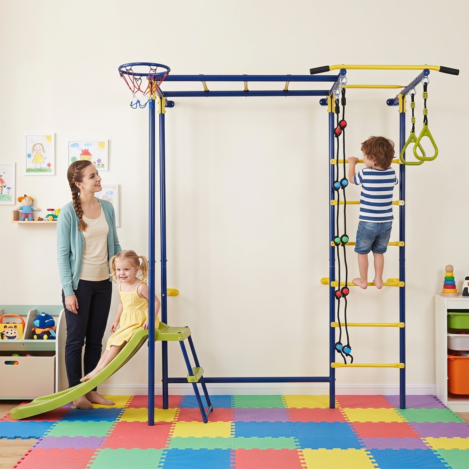 7-in-1 Indoor Jungle Gym for Toddlers with Slide & Rings