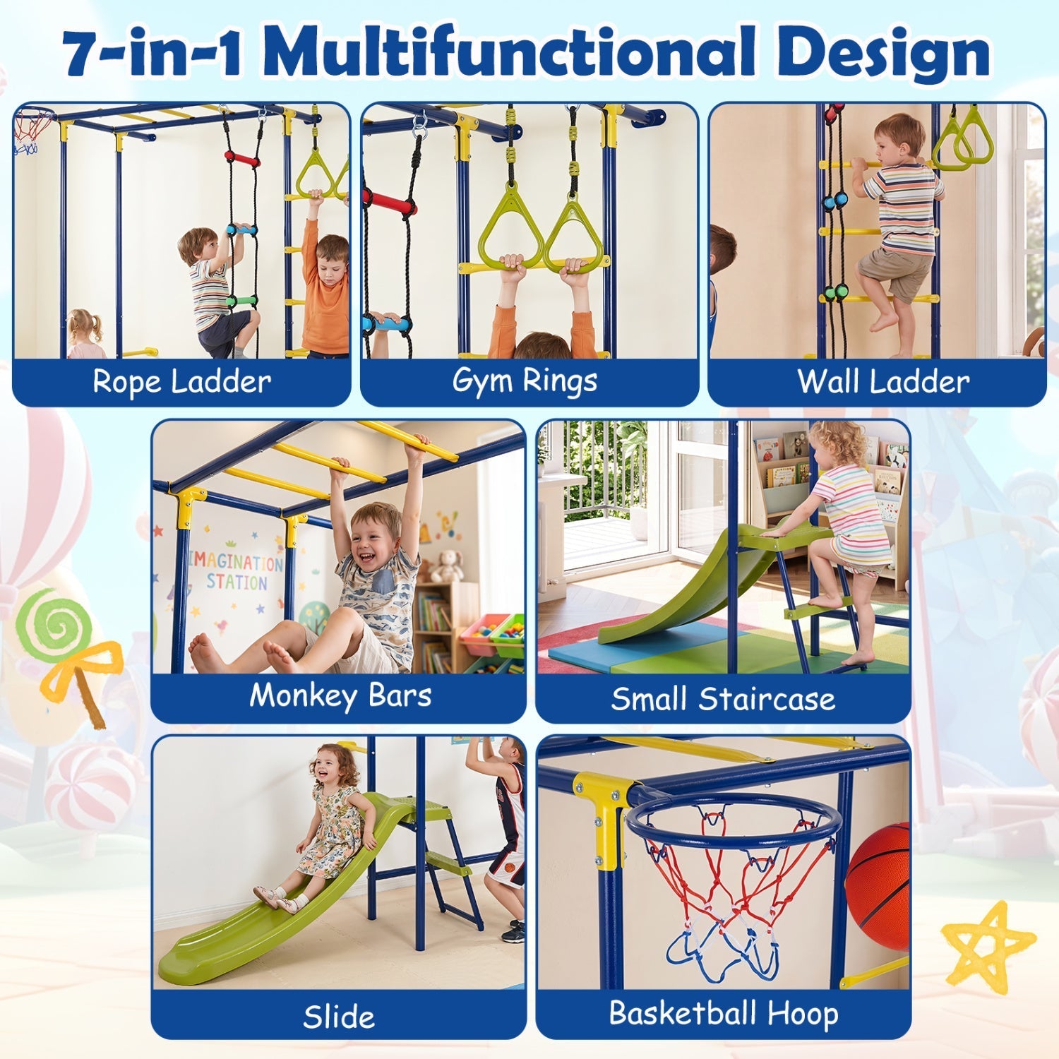 7-in-1 Indoor Jungle Gym for Toddlers with Slide & Rings