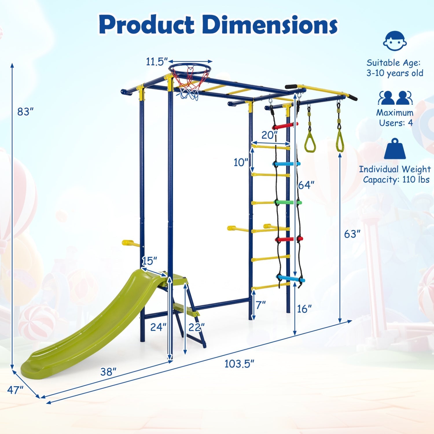 7-in-1 Indoor Jungle Gym for Toddlers with Slide & Rings