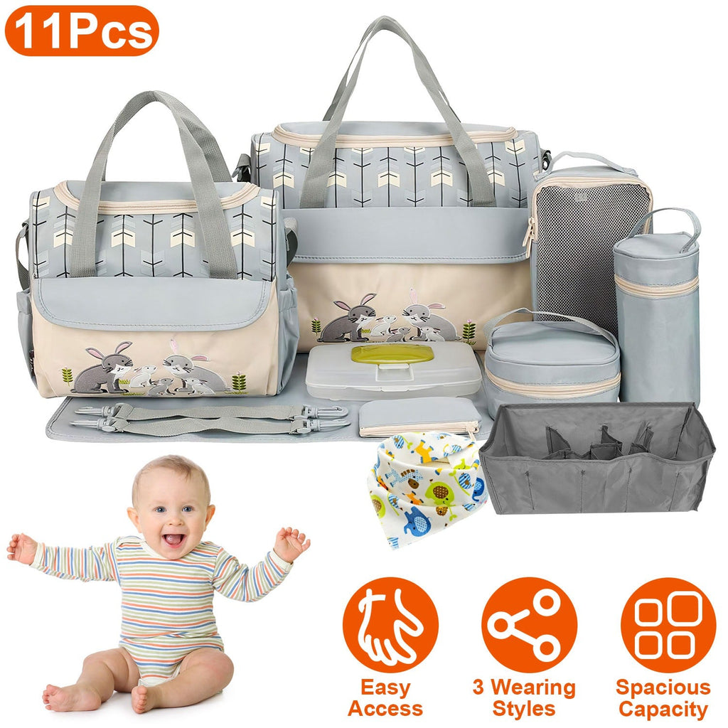 11PCS Baby Diaper Bag Set – Multifunctional with Bottle & Food Bags