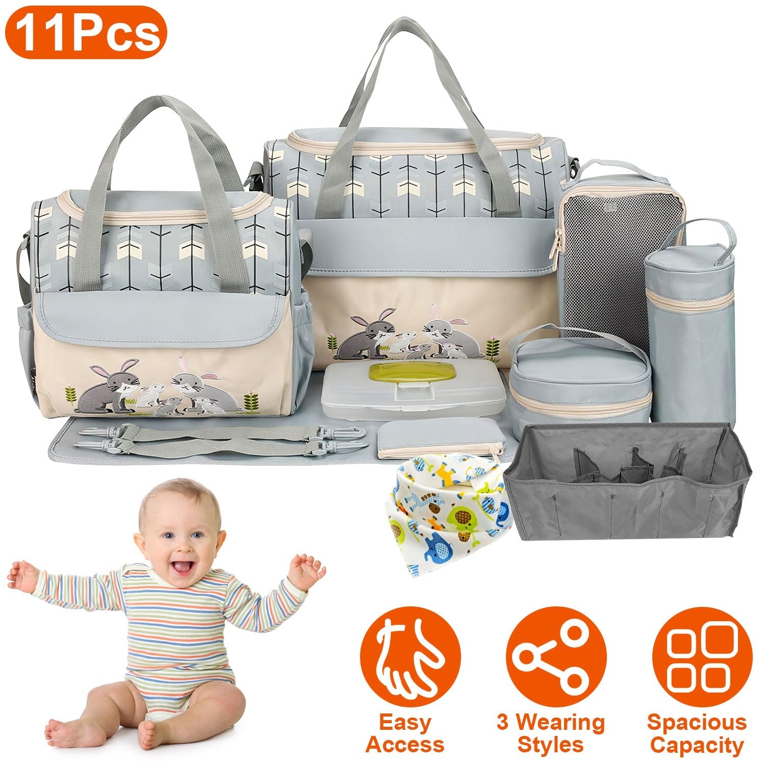 11PCS Baby Diaper Bag Set – Multifunctional with Bottle & Food Bags