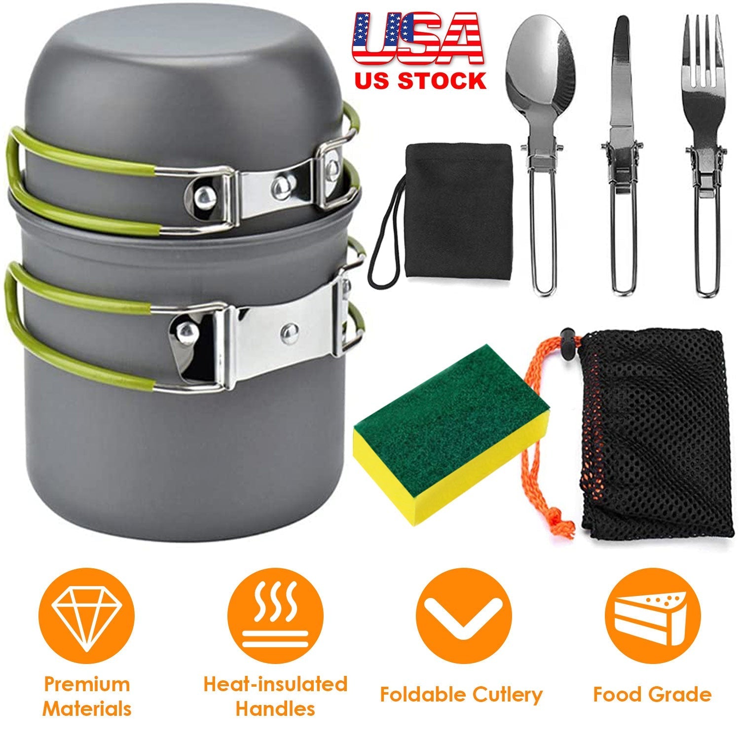 8Pcs Camping Cooking Ware Set Camping Stove Cookware Set Aluminum Pot Foldable Knife Fork Spoon Set for Hiking Picnic Outdoor