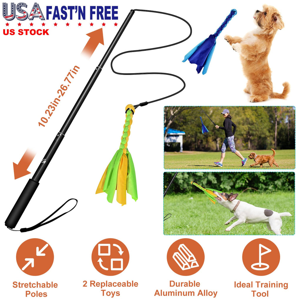 Extendable Dog Flirt Pole with Lure 10.23-26.77in Teaser Wand with 2 Replaceable Interactive Tail Toys For Small Medium Large Dogs Training Exercise T